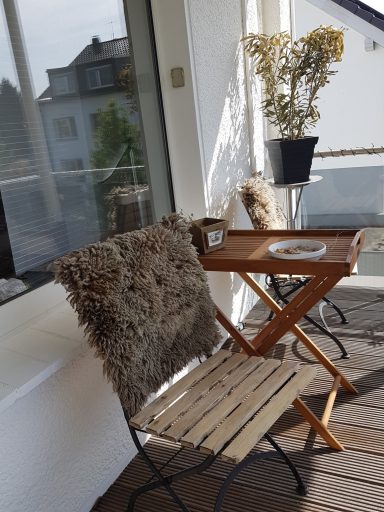 Ein Balkon mit einem Holzklapptisch, einem Stuhl und einer Pflanze in einem Topf.